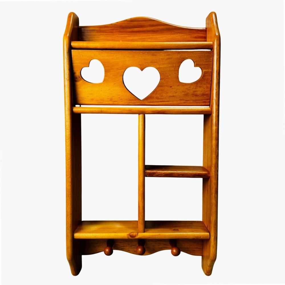 Vintage 80s Wood Wall Shelf Heart Cutout Curio Display 3 Pegs Cottagecore